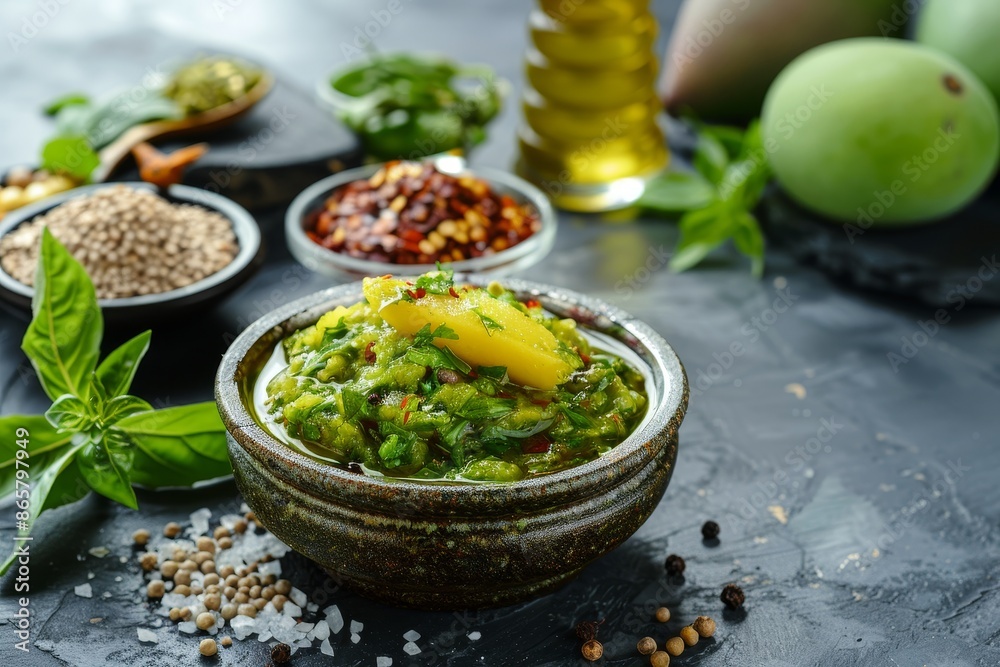 Ingredients for homemade spicy mango pickle including raw mango salt chili powder oil and fenugreek seeds Moody background with copy space Ingredients for homemade spicy mango pickle including raw mango salt chili powder oil and fenugreek seeds Moody background with copy space