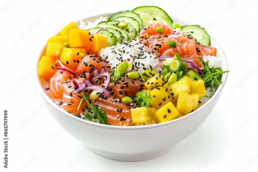 Ingredients in a poke bowl rice salmon cucumber mango onion wakame salad poppy seeds sunflower seeds on white background Ingredients in a poke bowl rice salmon cucumber mango onion wakame salad poppy seeds sunflower seeds on white background