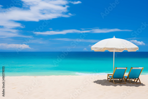 Mesmerizing Aquamarine Seascape: Pristine Beach with Colorful Parasols and Lonely Sailboat