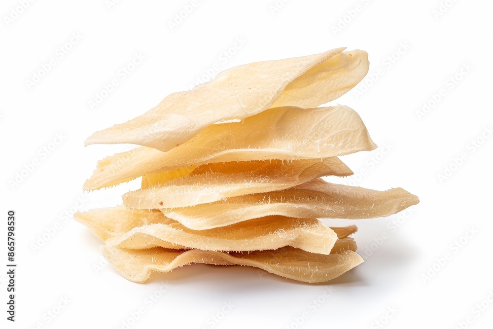 Isolated image of cassava chips on white background with clipping path and copy space popular snack in Asia and Indonesia Isolated image of cassava chips on white background with clipping path and copy space popular snack in Asia and Indonesia