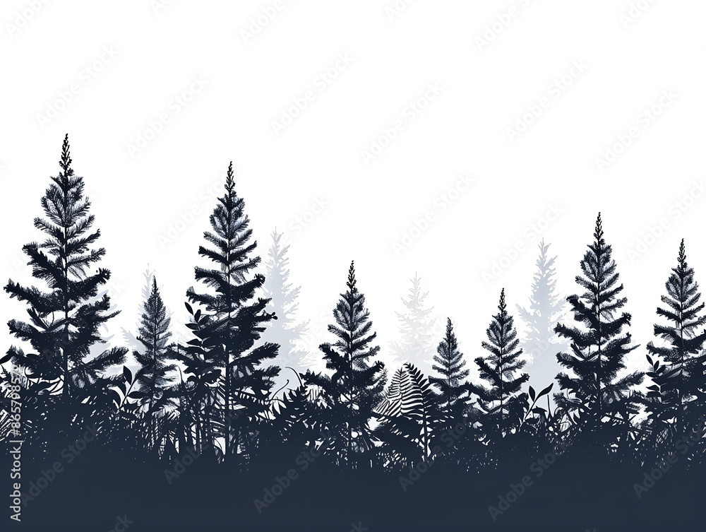 Obraz premium silhouette of pine forest on white, Redwood tree-line silhouette