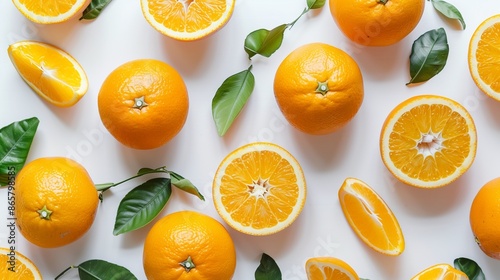 Top View of Fresh Whole and Sliced Oranges with Green Leaves on a White Background © M.IVA