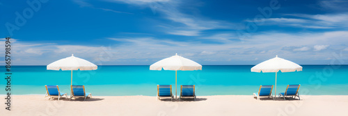 Mesmerizing Aquamarine Seascape: Pristine Beach with Colorful Parasols and Lonely Sailboat