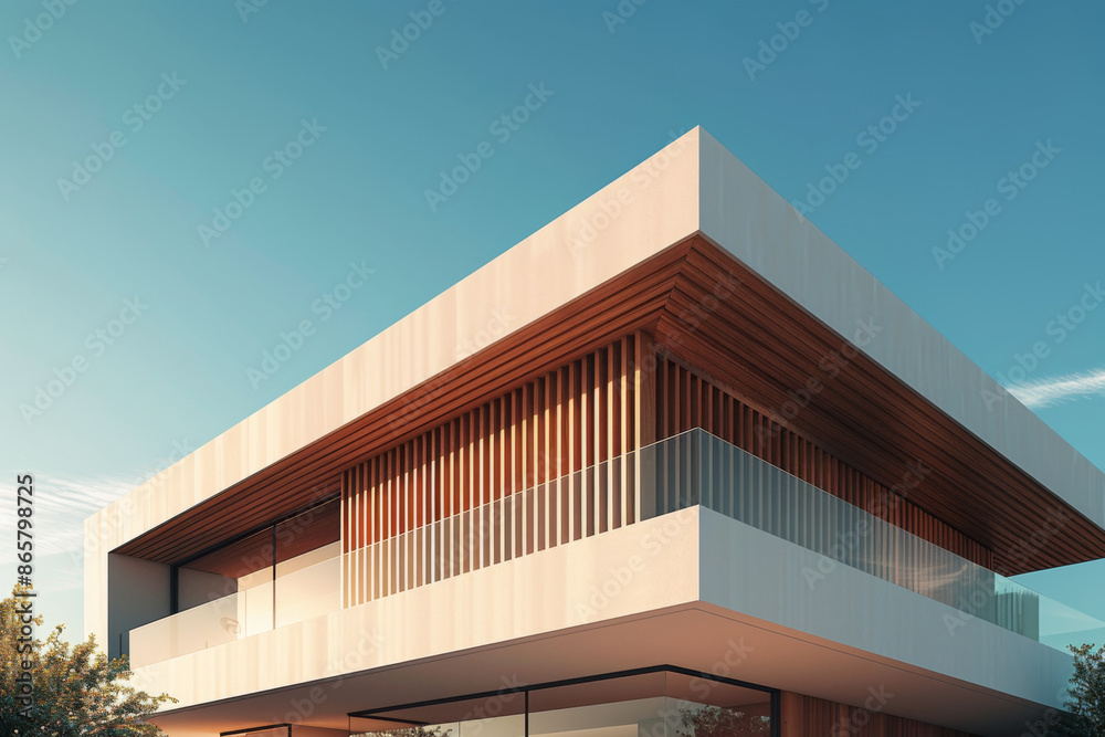 Fototapeta premium White Building on a blue sky backdrop.Modern concrete architecture. 