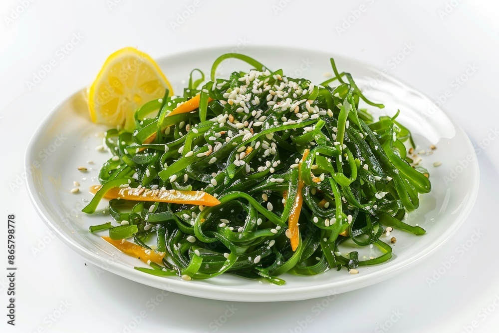 Isolated plate with Wakame salad carrots sesame seeds and lemon juice Isolated plate with Wakame salad carrots sesame seeds and lemon juice