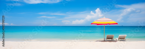 Mesmerizing Aquamarine Seascape: Pristine Beach with Colorful Parasols and Lonely Sailboat