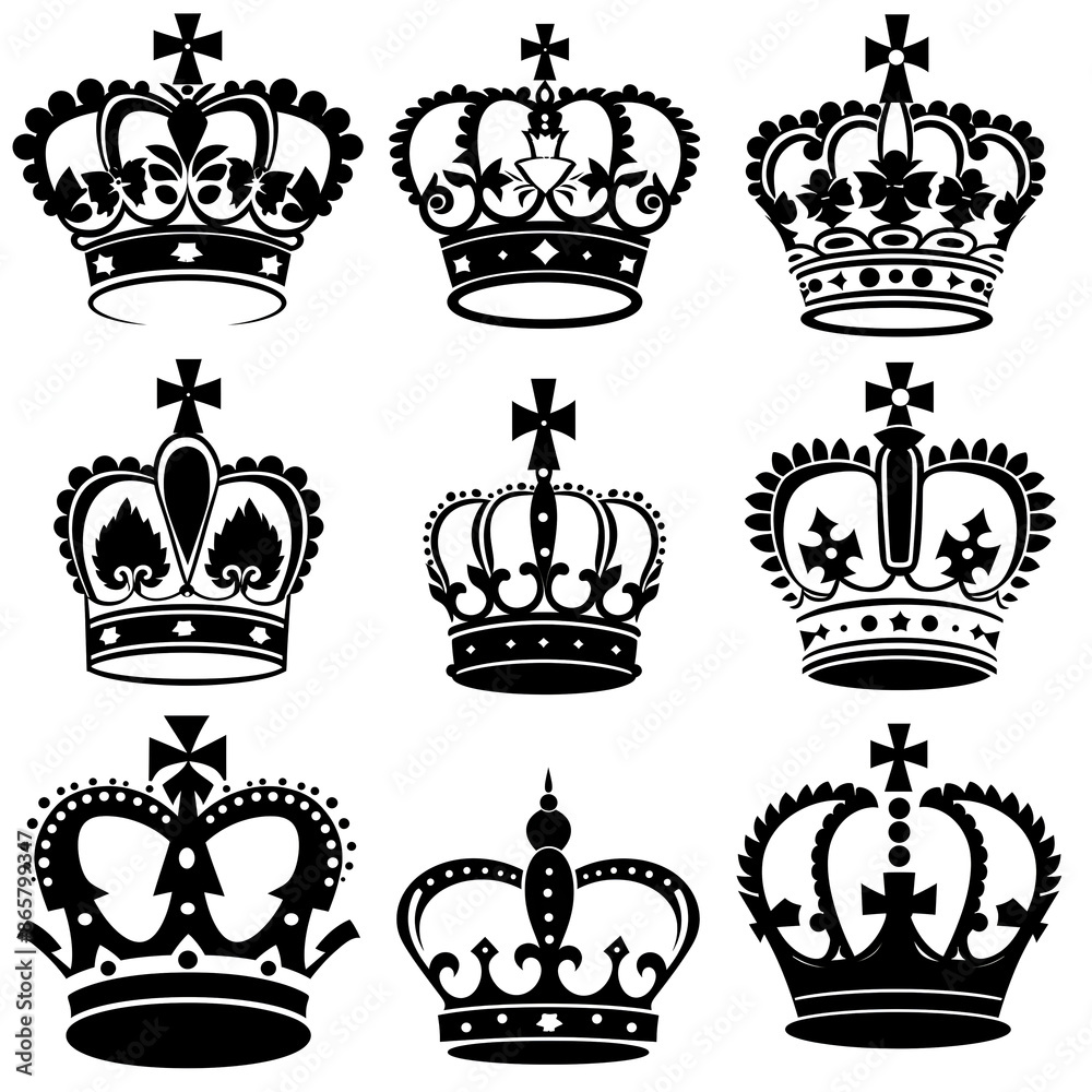 set of crowns on white, Silhouette Set of old king crowns