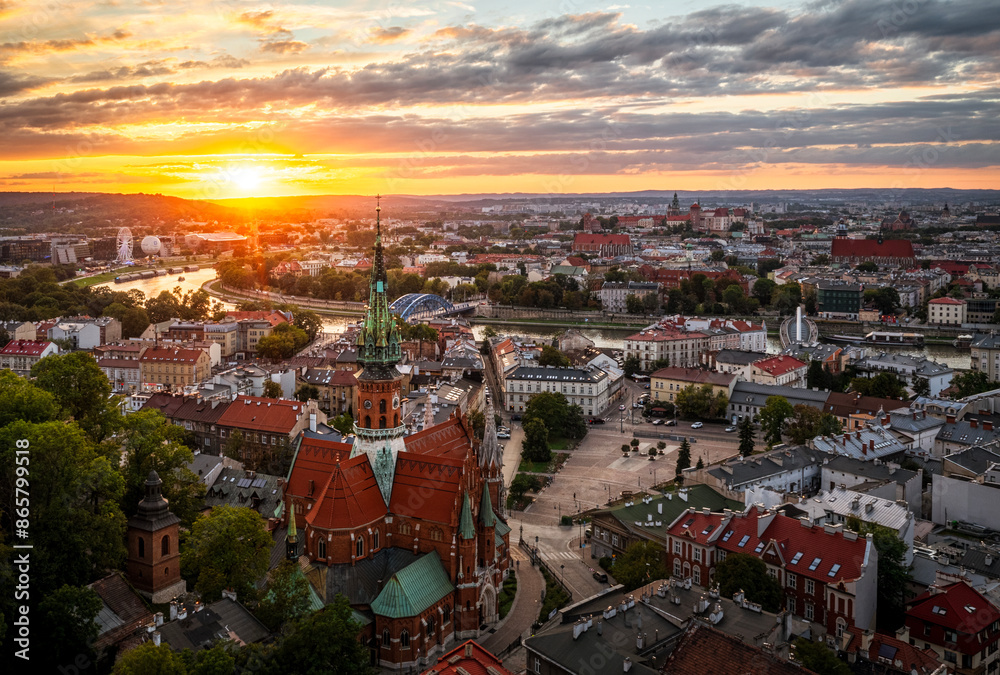 Aerial view of Podgorze district in Krakow, Poland during sunset. Aerial view of Podgorze district in Krakow, Poland during sunset.