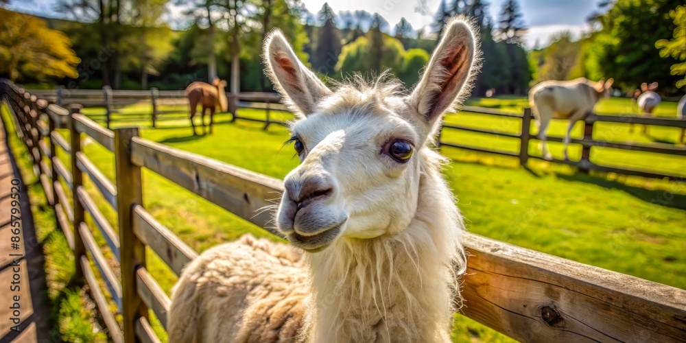 Obraz premium A curious llama with soft fur and gentle eyes stands alone in a sunny petting zoo enclosure, surrounded by lush green grass and wooden fencing.
