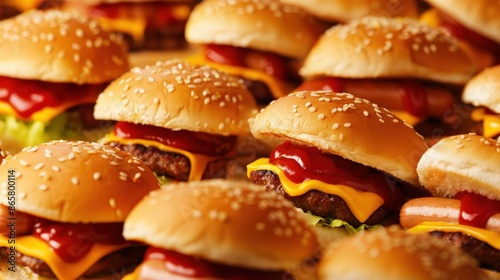 Close-up of multiple mini burgers with cheese, ketchup and mustard on buns, ready to be served at an event or party, style of typical American fast food burgers