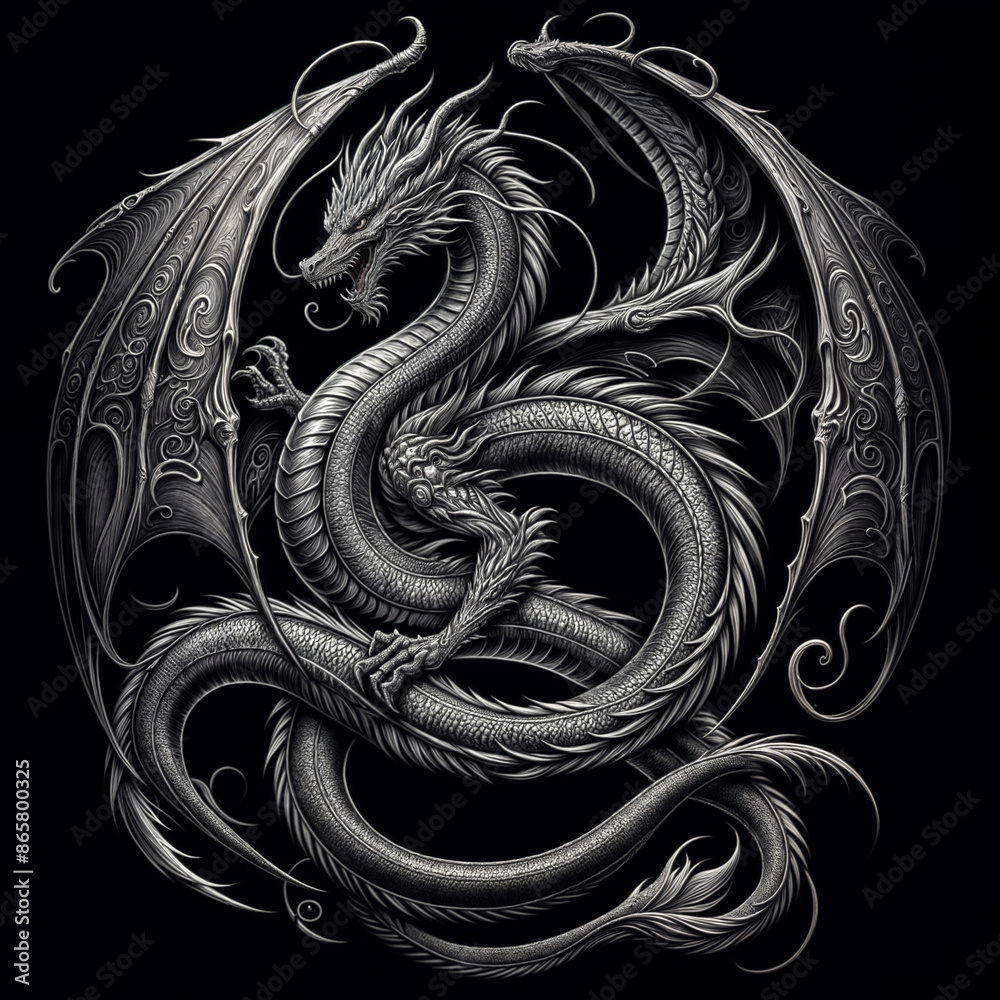 Obraz premium Dragon tatto, Dragon illustration, The image is a detailed illustration of a dragon in a circular formation, with intricate designs and a fierce expression.