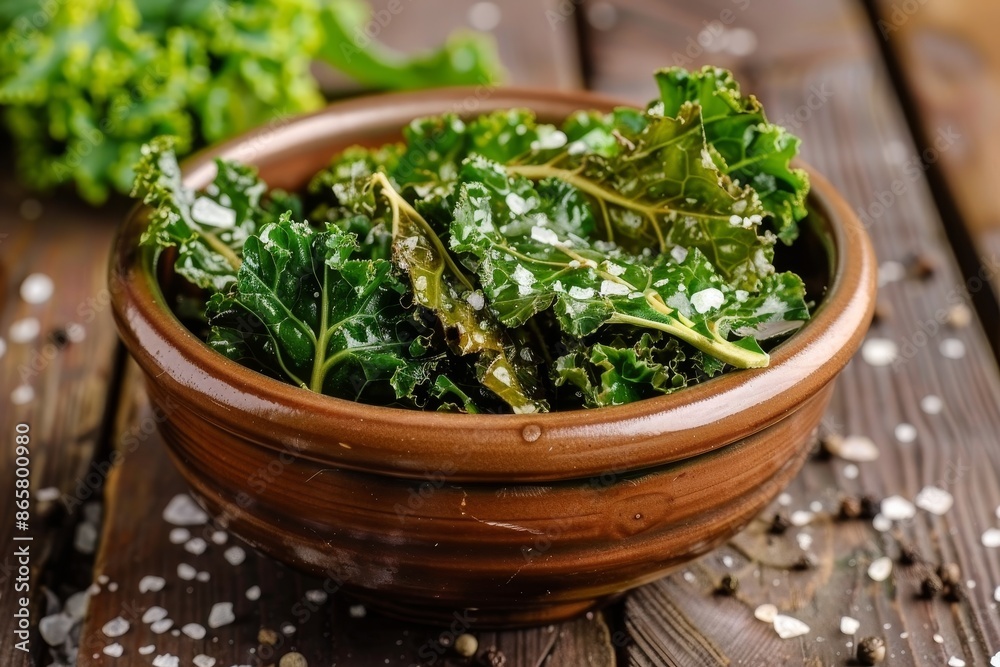 Kale chips with sea salt in a wooden bowl on table Kale chips with sea salt in a wooden bowl on table