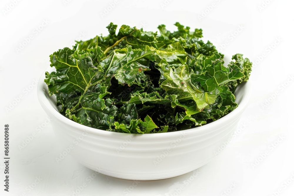 Kale chips with sweet mustard in white dish on white backdrop Kale chips with sweet mustard in white dish on white backdrop