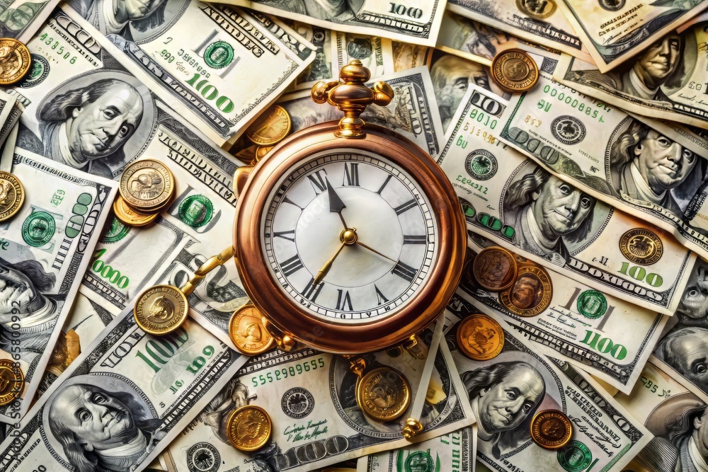 A traditional clock face surrounded by crumpled up dollar bills and coins, emphasizing the importance of efficient time management in generating wealth and passive income. A traditional clock face surrounded by crumpled up dollar bills and coins, emphasizing the importance of efficient time management in generating wealth and passive income.