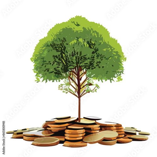 Coins on the tree. Business investment ideas coin tree planting and saving money tree coin tree money growth idea for bank or bank vector illustration.