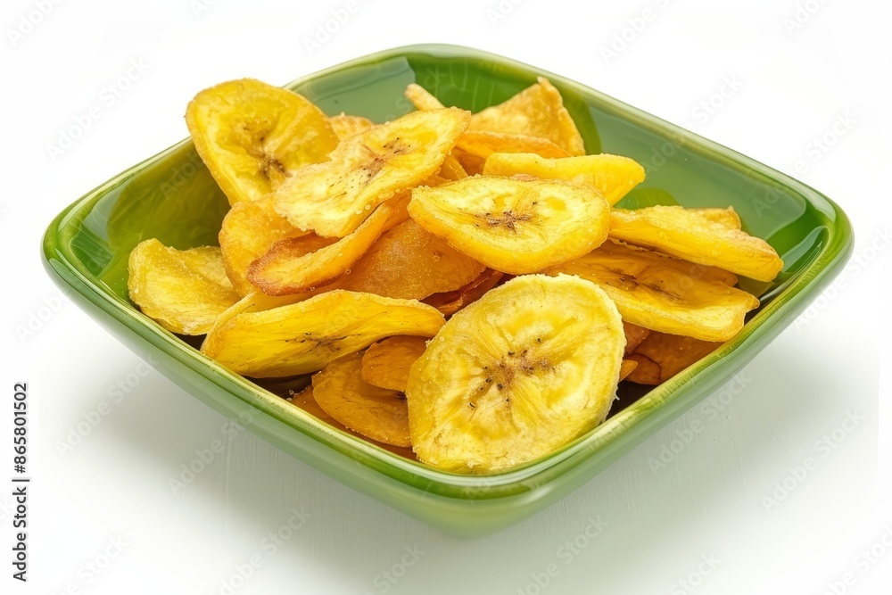 Kerala or Banana chips in green square plate isolated on white background Kerala or Banana chips in green square plate isolated on white background