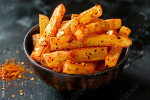 Kerala snack food spicy tapioca sticks or cassava chips with text space top and side view on black background
