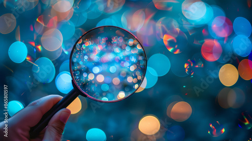 Hand holding magnifying glass on a blurred blue background