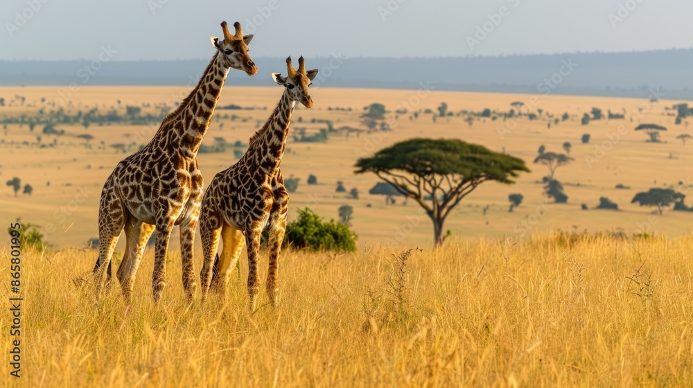 Obraz premium Two giraffes standing in a field of tall grass. Generate AI image