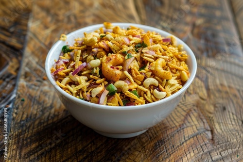 Popular Gujarati snack Fried and spicy Farali chevdo in white bowl pouch packaging common street food from India photo