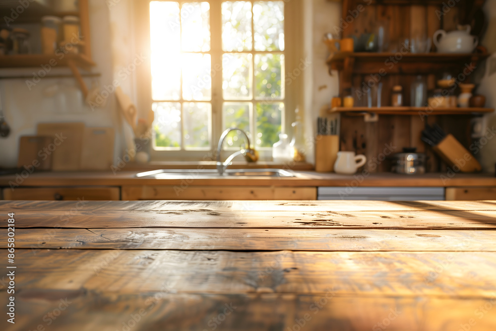 Empty wooden tabletop counter in modern kitchen interior for product display mockup and banner design Empty wooden tabletop counter in modern kitchen interior for product display mockup and banner design