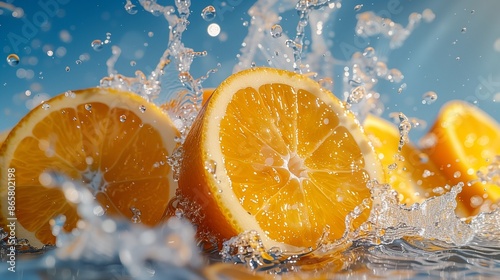 Refreshing Orange Slices in Splash of Water Captured in Bright Light