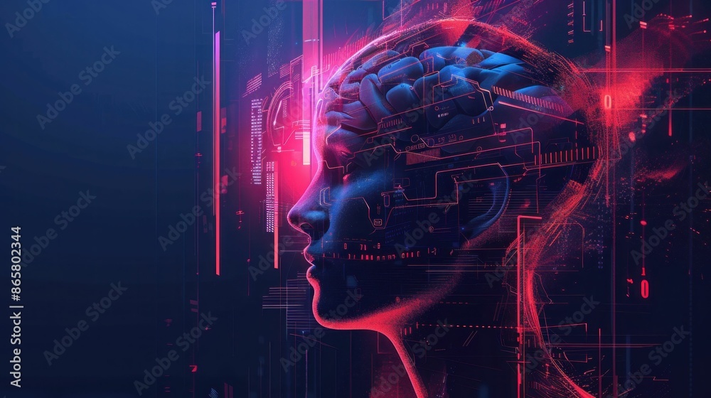 Conceptual Brainstorm A Woman's Head with a Digital Brain Against a Technology Background Symbolizing Modern Mental Health and Innovation Conceptual Brainstorm A Woman's Head with a Digital Brain Against a Technology Background Symbolizing Modern Mental Health and Innovation