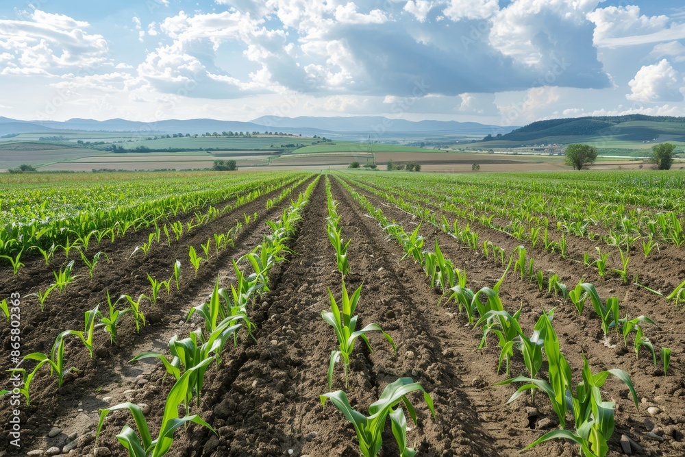 Panoramic view of growing young corn field