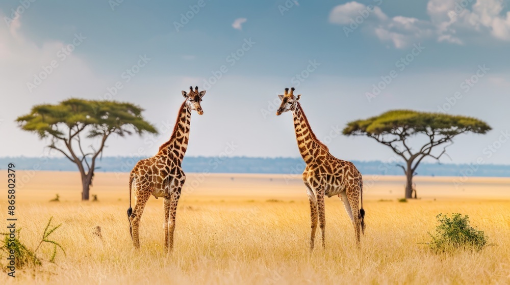 Obraz premium Two giraffes standing in a field of tall grass. Generate AI image