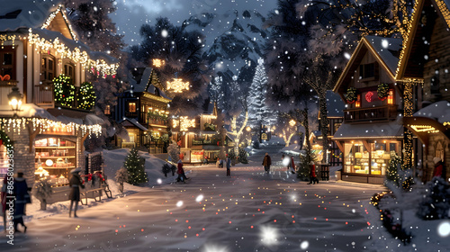 Snowy Christmas Village at Night - 3D Illustration © NaufaL