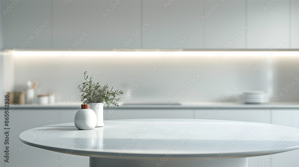 Wooden round tabletop in stylish kitchen for product display and promotional mockups Wooden round tabletop in stylish kitchen for product display and promotional mockups