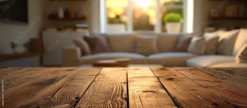 Empty wooden table placed in front of a living room sofa for showcasing products and presentations. Empty wooden table placed in front of a living room sofa for showcasing products and presentations.