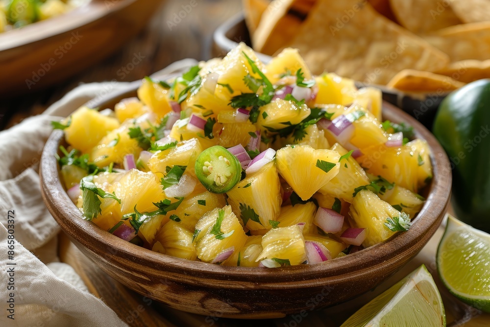 Pineapple salsa with cilantro jalapeno red onion served with tortilla chips and lime wedges Pineapple salsa with cilantro jalapeno red onion served with tortilla chips and lime wedges