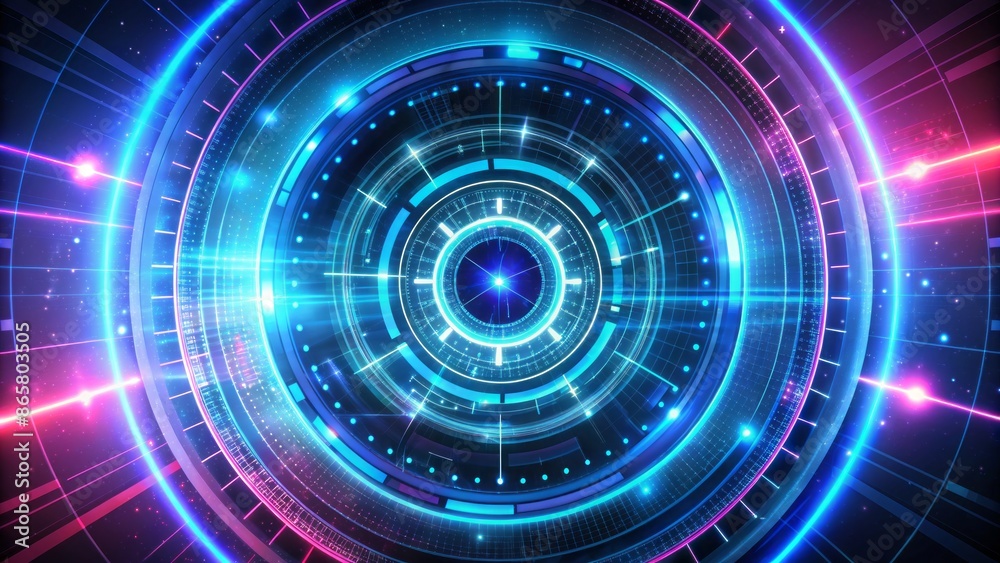 Obraz premium Futuristic circle style HUD interface displaying digital time machine concept with neon lights on a mesmerizing AI-generated background wallpaper.