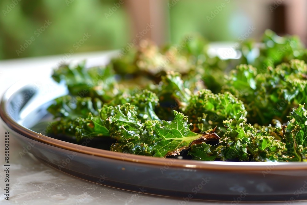 Plate of crispy kale chips a nutritious snack Plate of crispy kale chips a nutritious snack