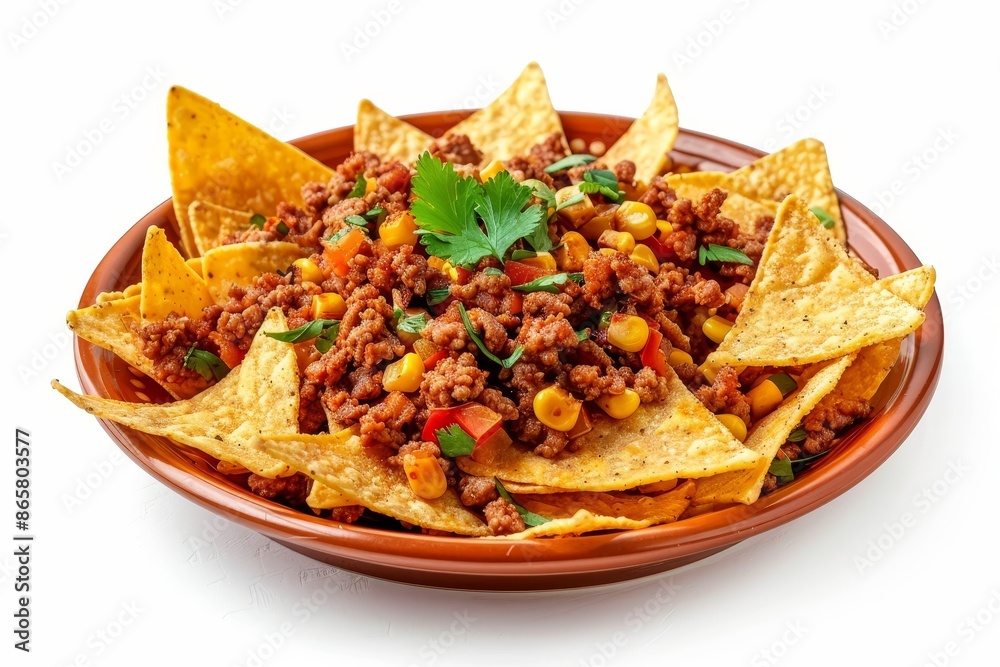 Plate of nachos with meat and cheese on white background Plate of nachos with meat and cheese on white background
