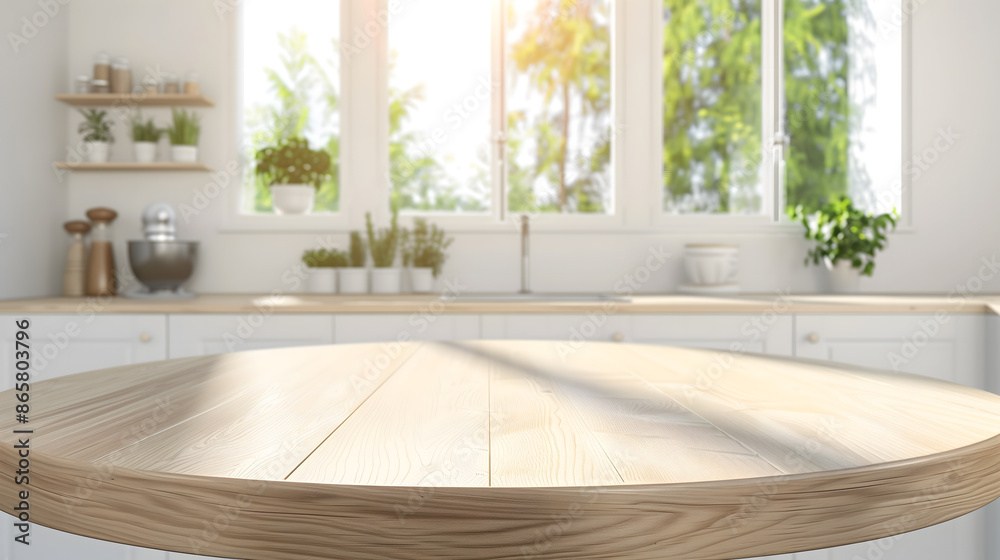 Wooden round countertop in bright kitchen for product mockups and display setups Wooden round countertop in bright kitchen for product mockups and display setups