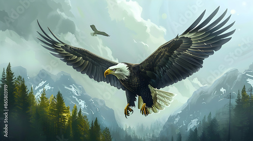 Majestic Bald Eagle Soaring Through Foggy Mountains Illustration photo