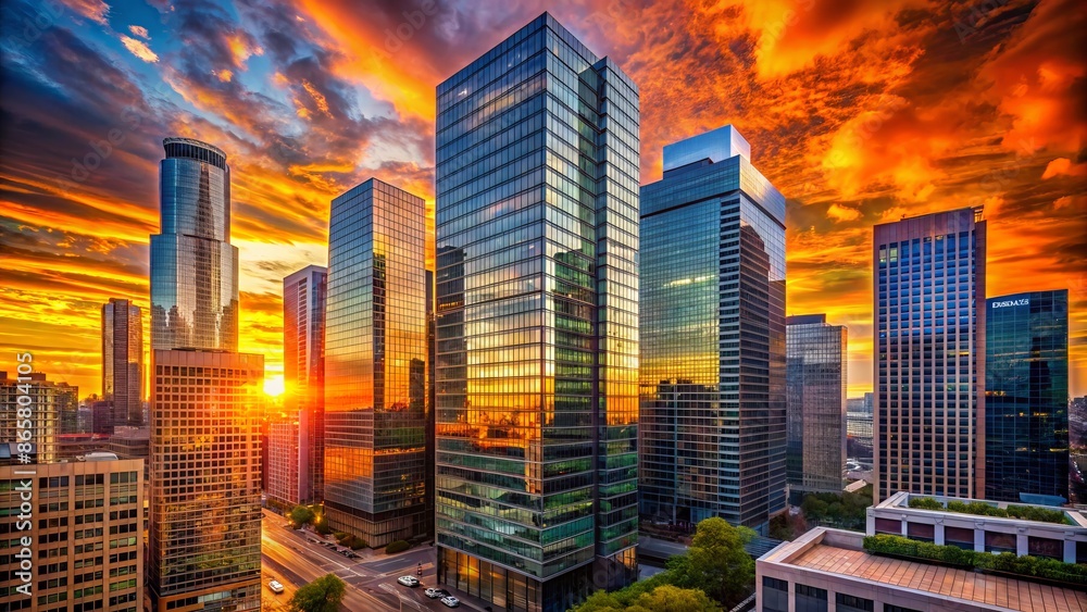 Majestic modern office building stands tall amidst city downtown skyscrapers reflecting vibrant orange sunset hues in urban architecture landscape. Majestic modern office building stands tall amidst city downtown skyscrapers reflecting vibrant orange sunset hues in urban architecture landscape.