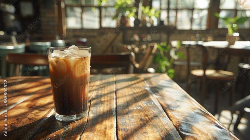 Icy coffee placed on a wooden table at a cafe Chilled beverage idea Icy coffee placed on a wooden table at a cafe Chilled beverage idea