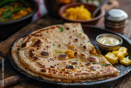 Popular North Indian dish Aloo Paratha served with mango pickle and butter