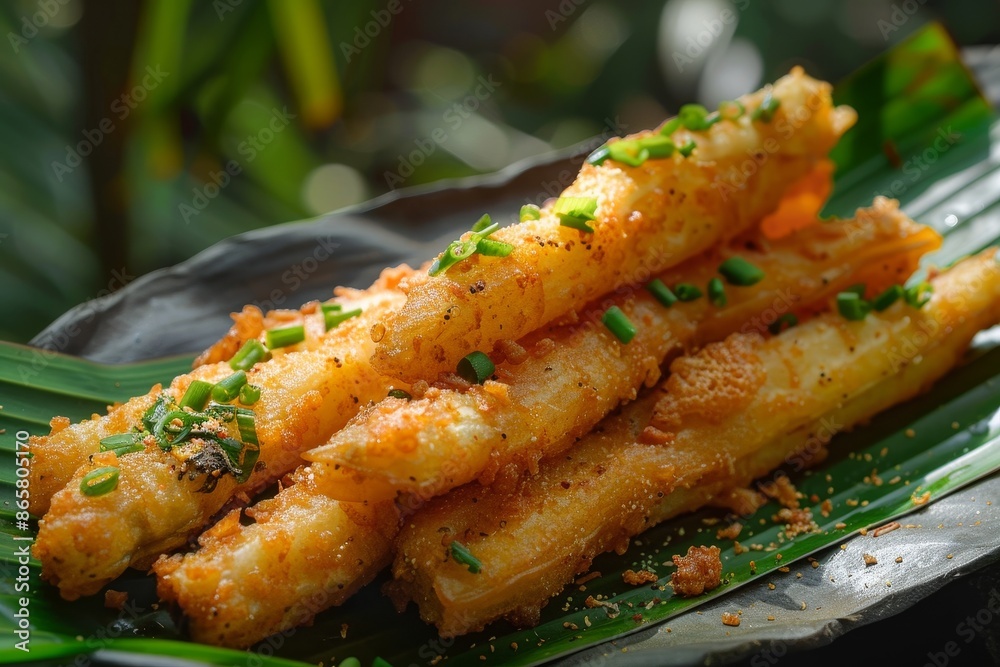 Popular traditional snack crispy cassava on banana leaf perfect with tea or coffee Popular traditional snack crispy cassava on banana leaf perfect with tea or coffee