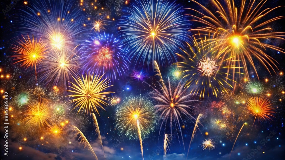 Naklejka premium Vibrant multicolored fireworks explode against a dark blue starry night sky, golden sparks illuminating the darkness with festive celebration essence.