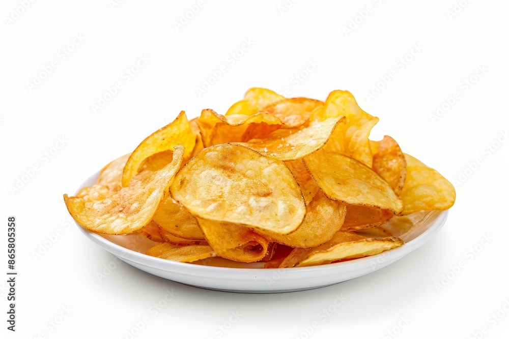 Potato chips with pickled eggplants on white plate on white background Potato chips with pickled eggplants on white plate on white background