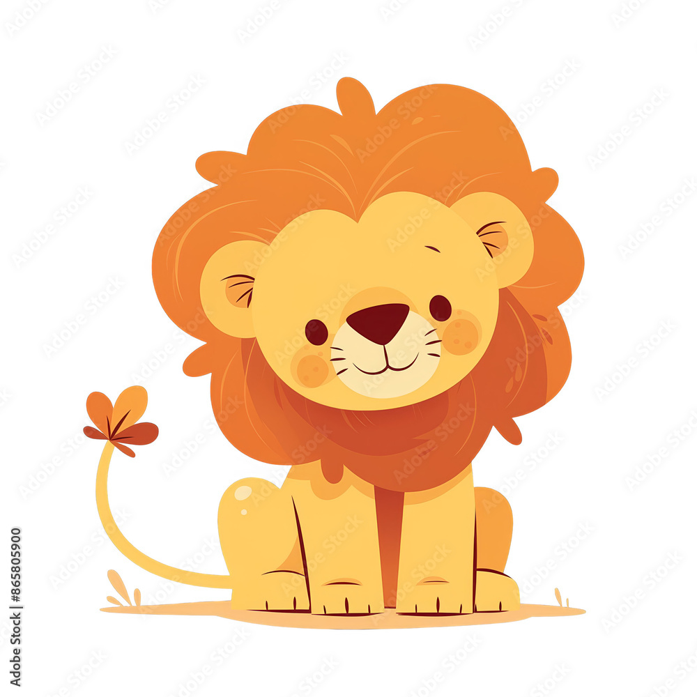 Cute cartoon lion with a fluffy mane sitting on the ground, perfect for children's illustrations and designs.