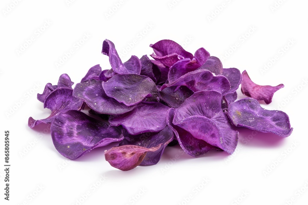 Purple sweet potato chips for parties or daily snacks on a white background Purple sweet potato chips for parties or daily snacks on a white background