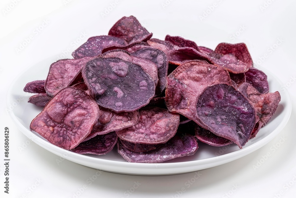 Obraz premium Purple sweet potato chips on white plate with isolated white background