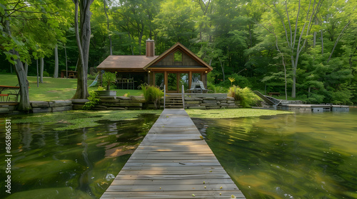 Wooden Dock Leading to a Cabin in a Lush Forest - Photo
