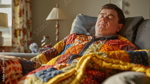 down syndrome adult using a sensory blanket while relaxing at home, down syndrome, sensory comfort photo