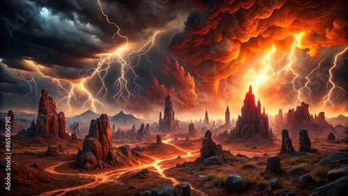 Ominous dark red apocalyptic sky with bright lightning illuminating a desolate, fiery landscape of twisted rocks and burning infernal ruins. photo